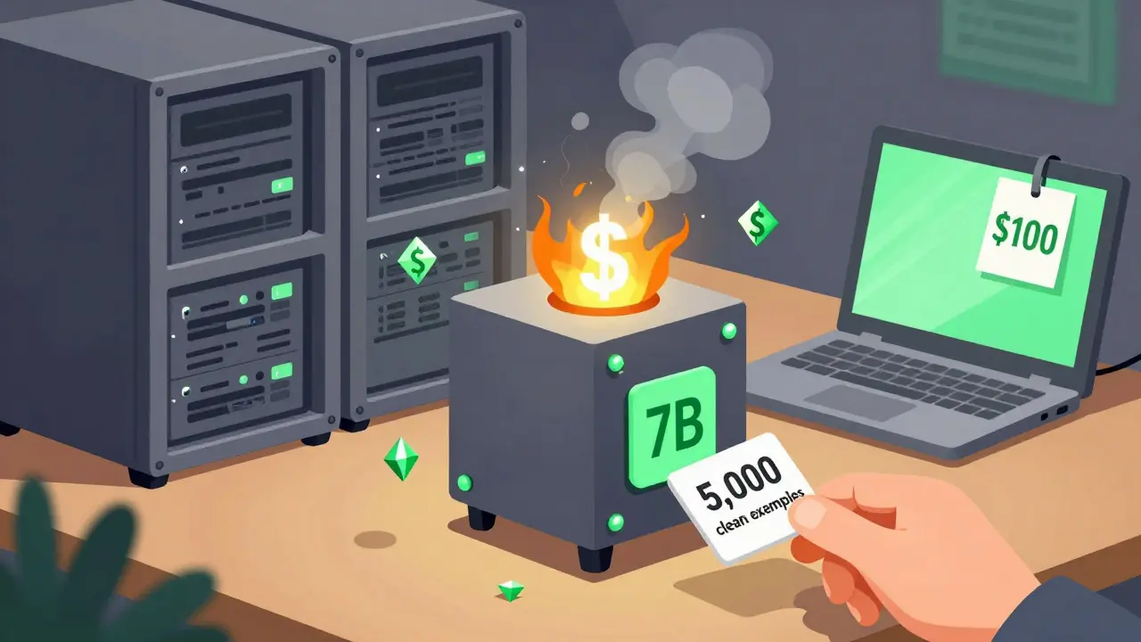 Compact model with LoRA modules, comparing low-cost tuning vs. expensive servers