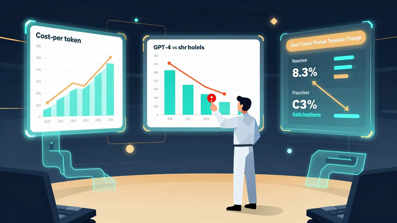 Control room with three geometric panels tracking cost, user engagement, and predictive AI alerts.
