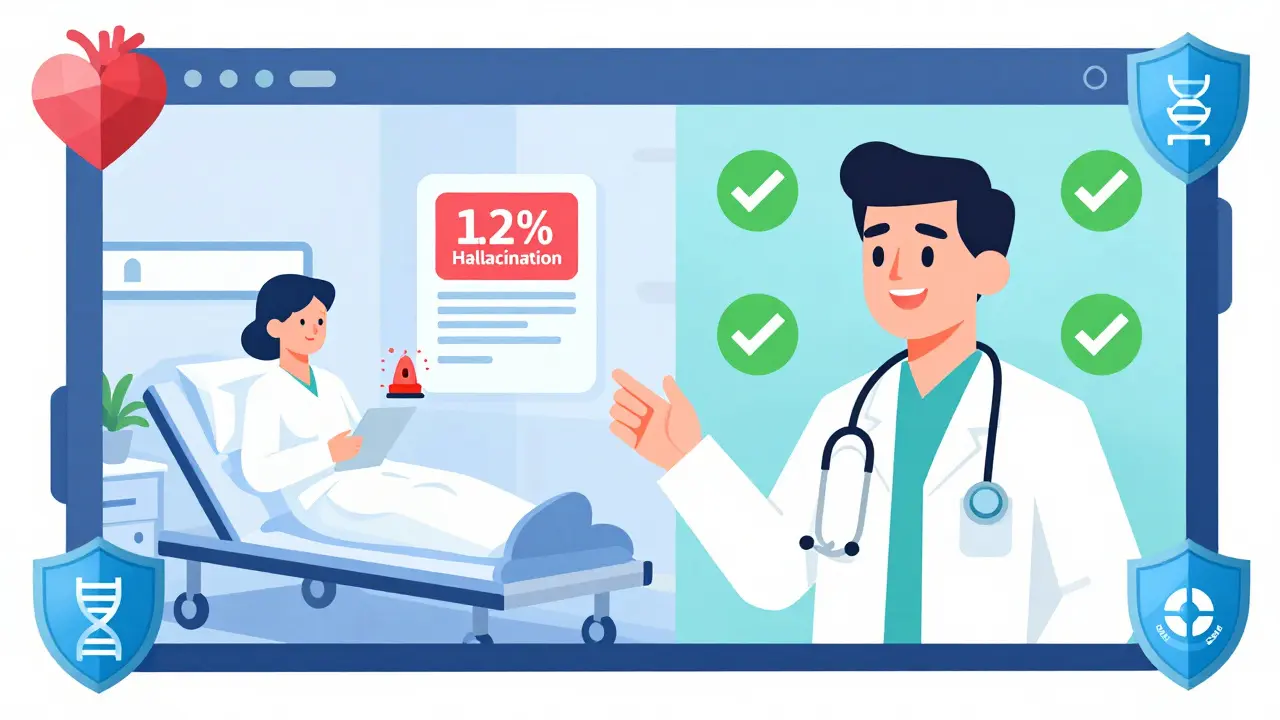 Split geometric scene showing reduced AI hallucinations in healthcare from 12% to 3.2% with compliance shields.