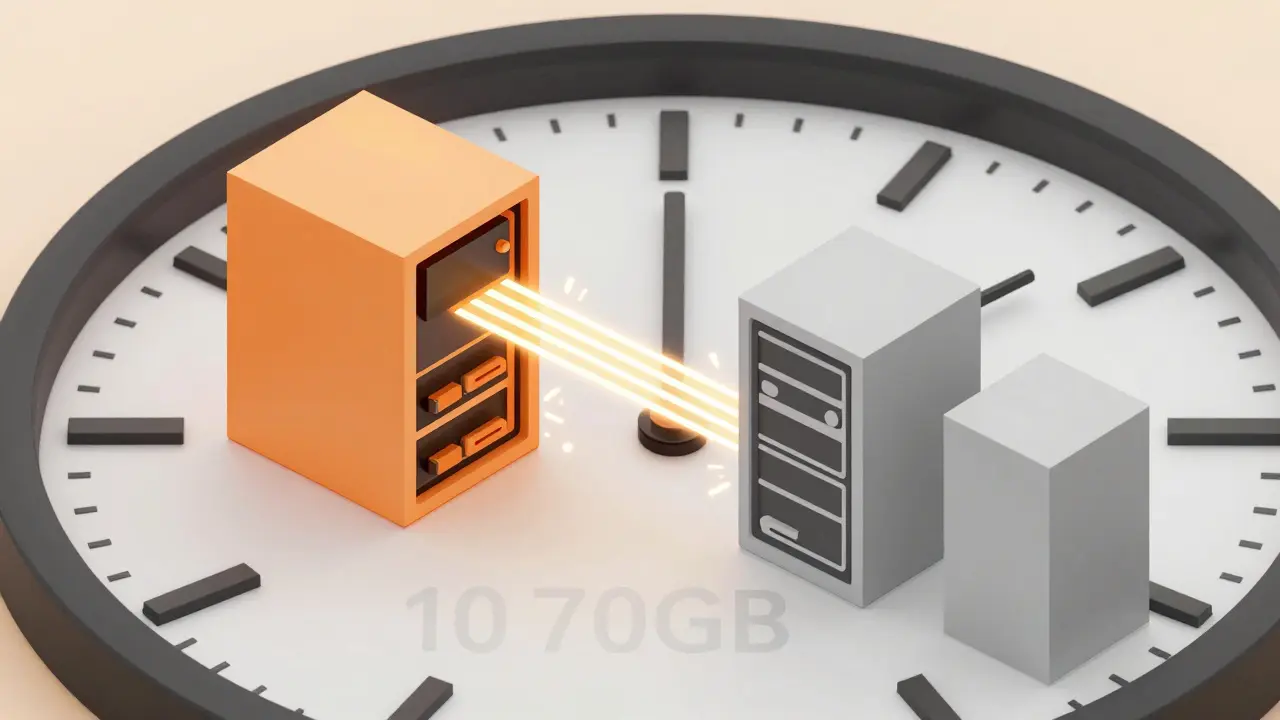 A server cube loading a large model while two pre-warmed replicas wait nearby in geometric style.