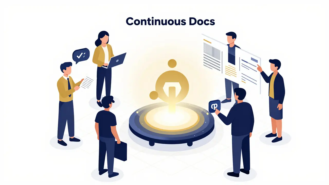 Team collaborating around a central docs hub with AI and automation tools in geometric illustration.