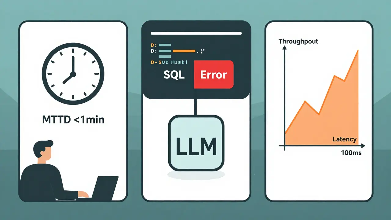 Three-panel geometric scene showing LLM security KPIs for detection, response, and resilience.