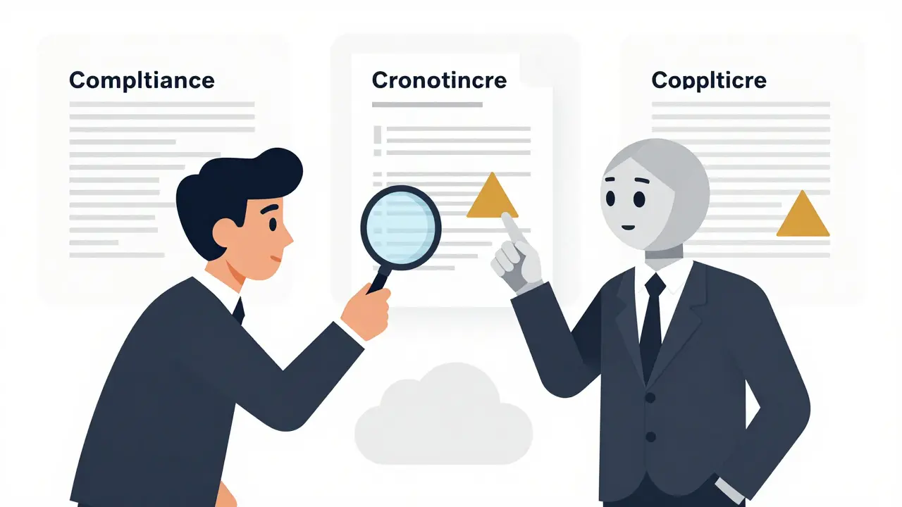 A person reviewing documents with an LLM avatar of triangles highlighting clauses, while compliance and code automation occur in the background.