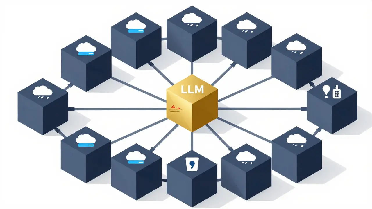 A supply chain network of hexagons and cubes with an LLM node routing paths around a typhoon zone using geometric visuals.