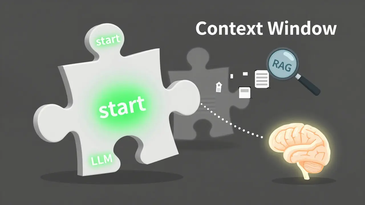 Puzzle-shaped context window with faded middle text and RAG system pulling relevant fragments from a database to feed an LLM.