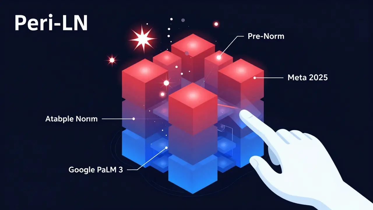 Futuristic hybrid Peri-LN architecture with adaptive normalization nodes and activating particles representing training challenges.