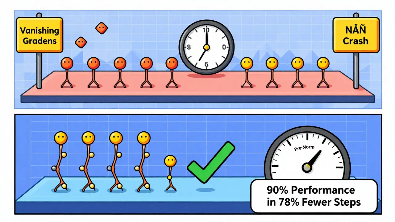 Split-screen illustration showing slow, unstable Post-Norm training versus fast, efficient Pre-Norm training with performance metrics.