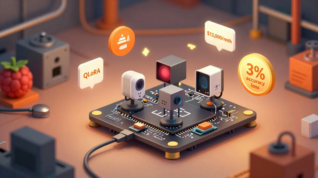 A Raspberry Pi running three AI models on a factory floor, with cost-saving icons and optimization symbols.