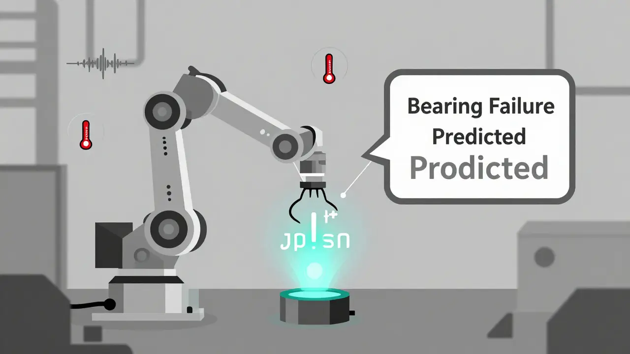 Factory robot arm with sensor data and AI-generated JSON alert predicting mechanical failure.