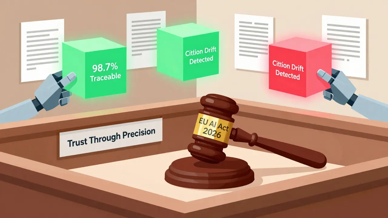 Geometric courtroom with citation badge gavel and verified document cubes under EU AI Act banner.