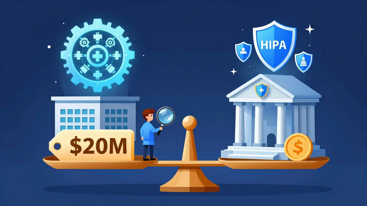 Hospital and bank comparing custom AI vs commercial platform with cost scale and compliance badges.