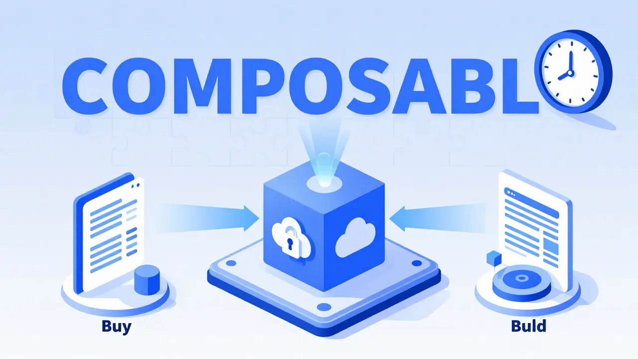 Hybrid AI system with Buy, Boost, and Build pathways connected to a central commercial platform.