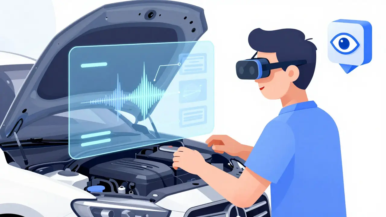 Person in AR glasses viewing engine with floating video guide and voice pulses, AI icon nearby.