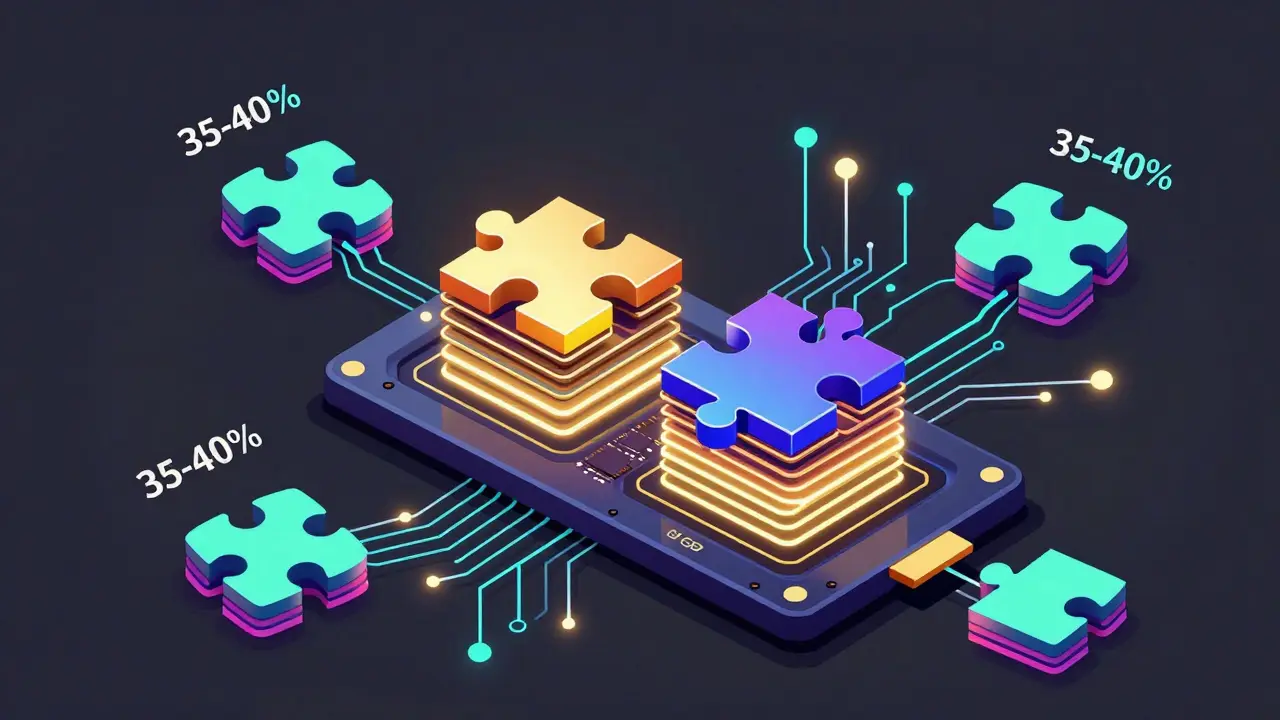 Two LLMs sharing layers on a GPU, with interconnected geometric patterns highlighting memory efficiency.