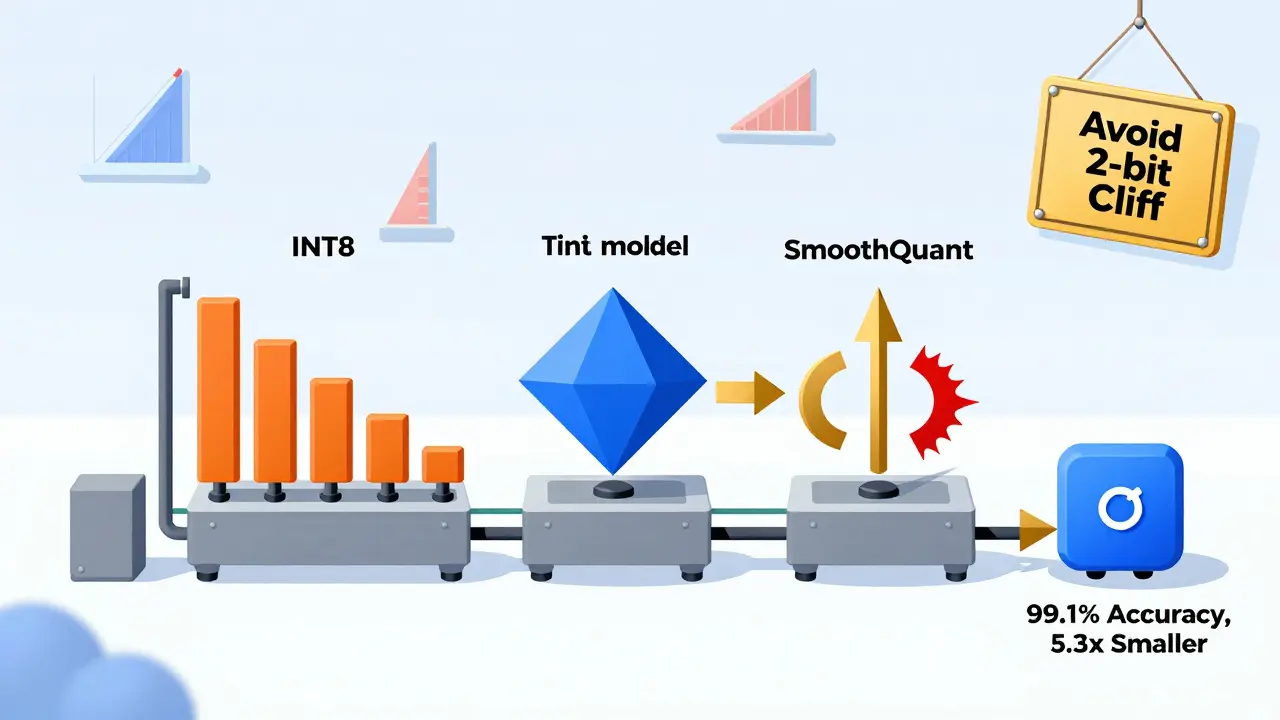 Factory assembly line transforming large weights into compressed model with SmoothQuant arrows and benchmarks.