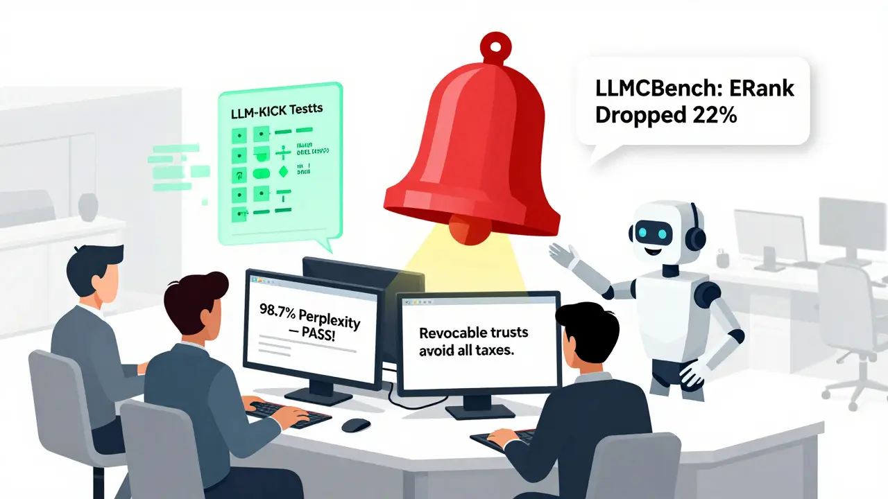 Office workers celebrating a misleading AI pass, while a hidden alarm signals dangerous model degradation.