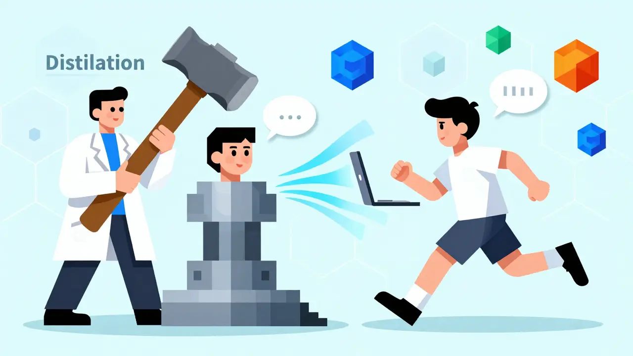 Scientist shaping a large model into a compact student model, running on a laptop with geometric energy waves.