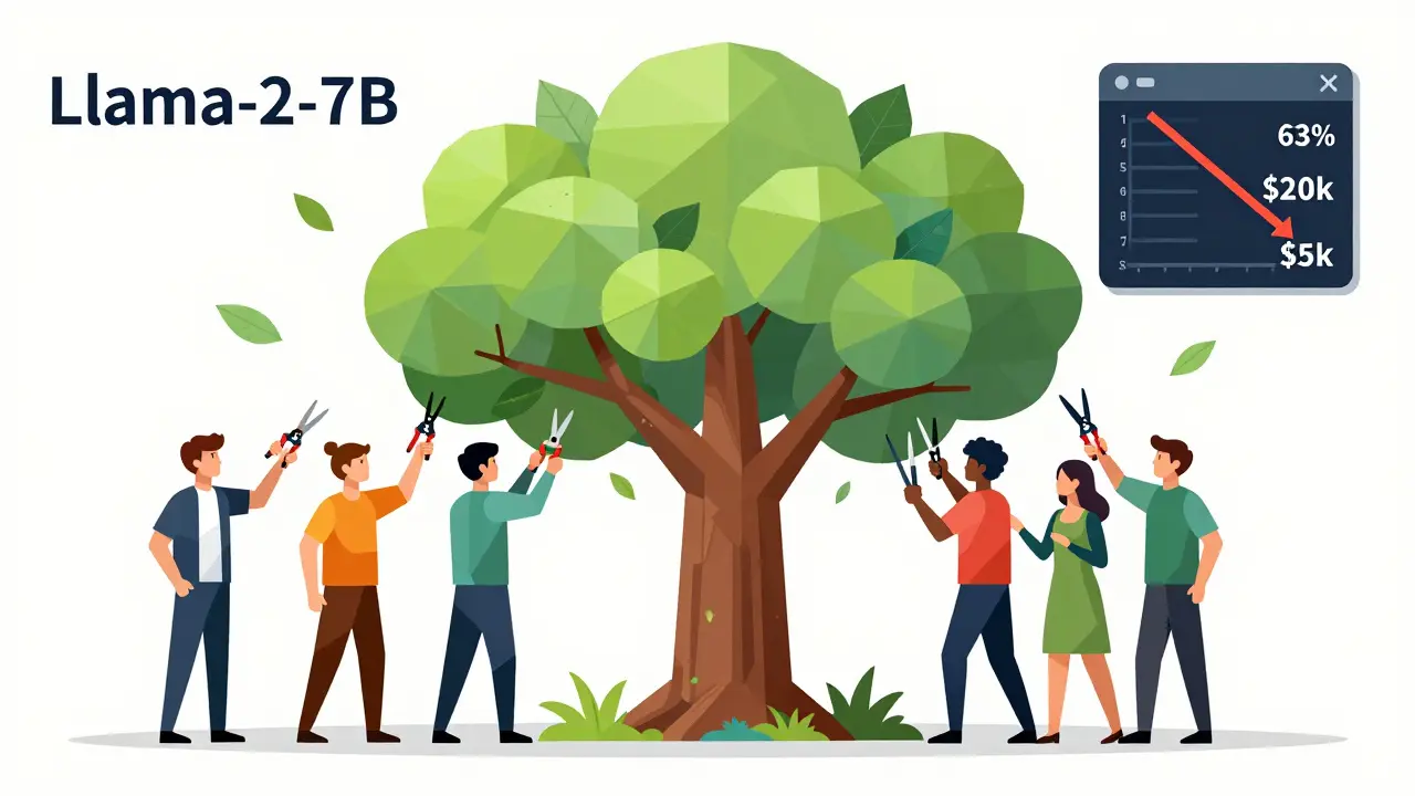 Team pruning an AI tree with shrinking trunk, representing 63% energy savings through combined compression techniques.