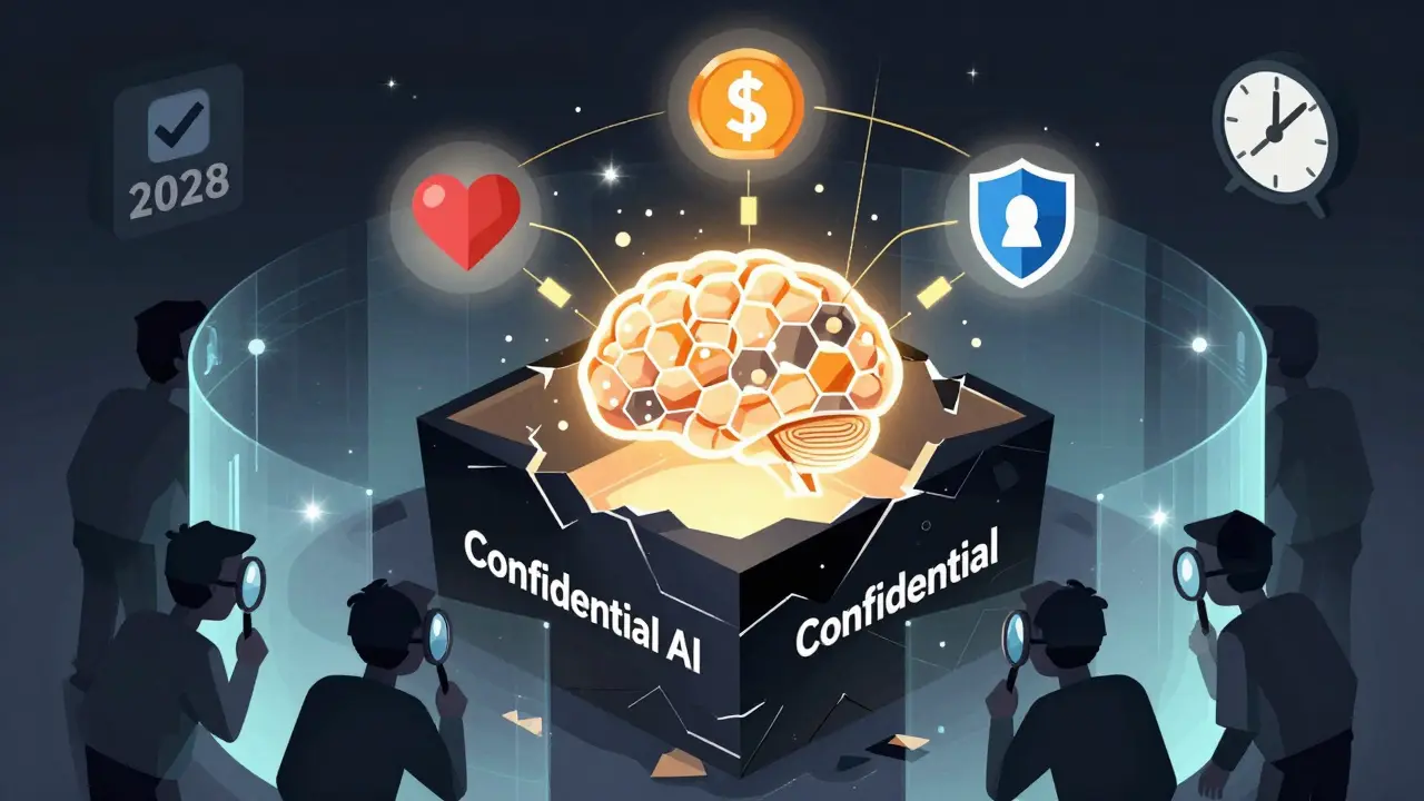 A confidential AI black box with a glowing brain core, protected by hexagonal encryption, surrounded by industry icons.
