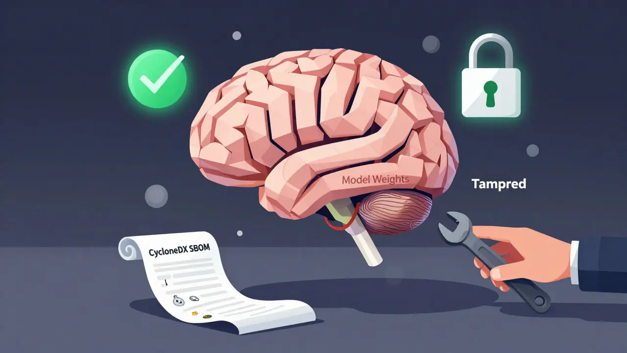 Abstract brain of model weights under threat, protected by a SHA-256 hash and SBOM.
