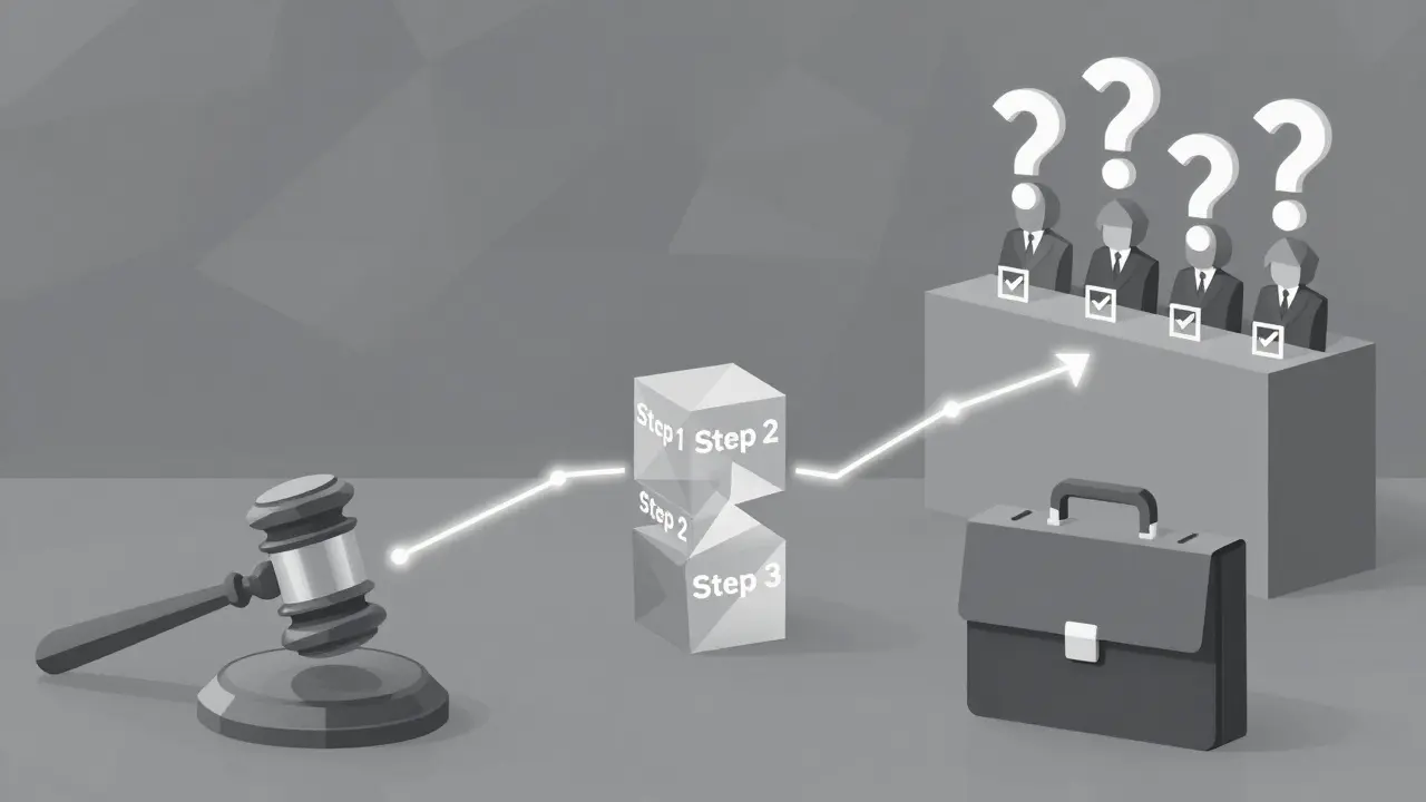 Abstract courtroom with geometric blocks as evidence and reasoning trail guiding verdict.