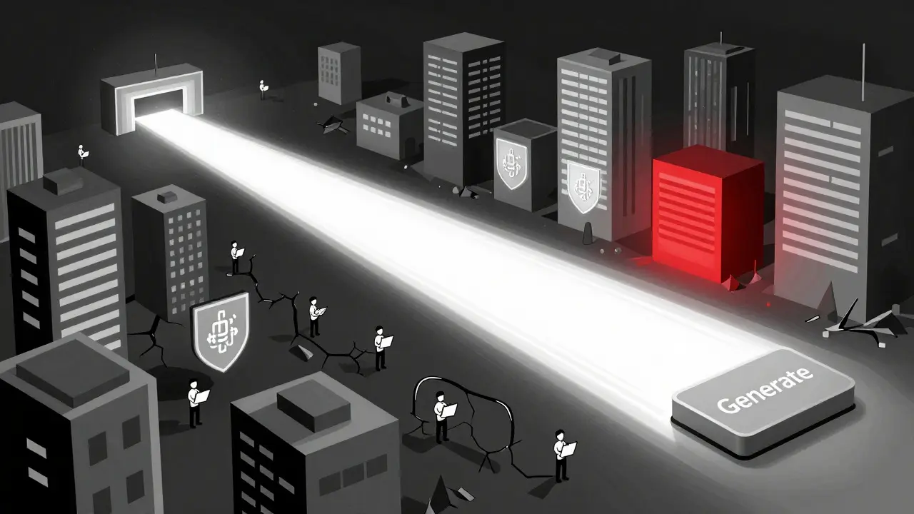 AI code wave crashing over enterprise buildings, some safe, some collapsing, in geometric style.