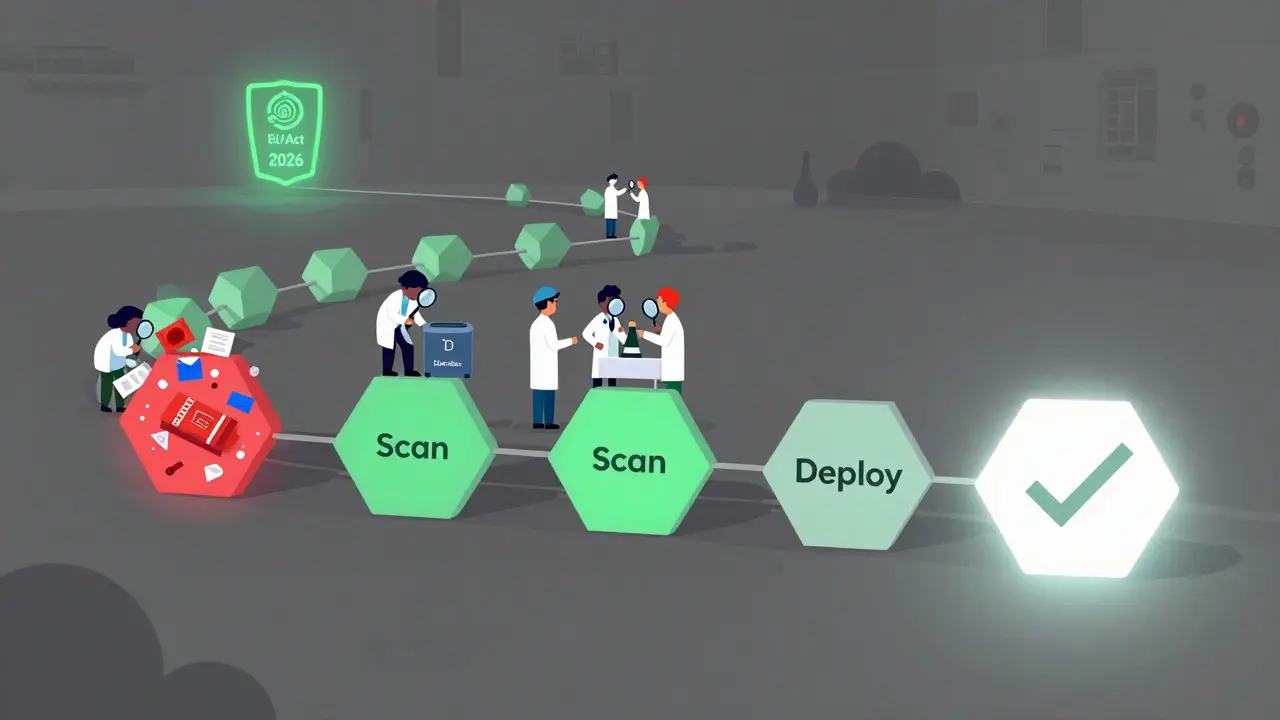 CI/CD pipeline with secure and insecure steps, showing model verification in progress.
