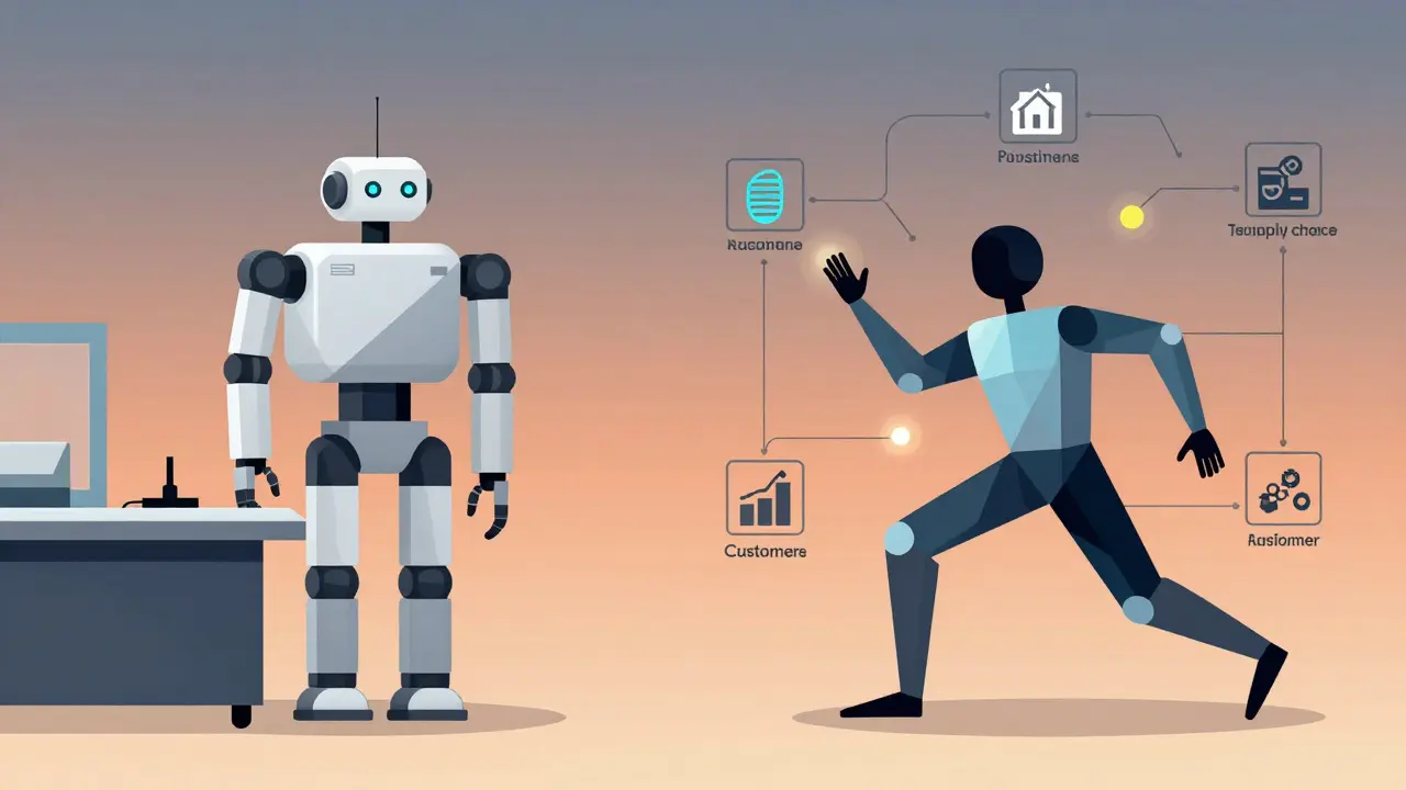 Comparison of rigid RPA robot versus dynamic agentic AI navigating interconnected business processes.