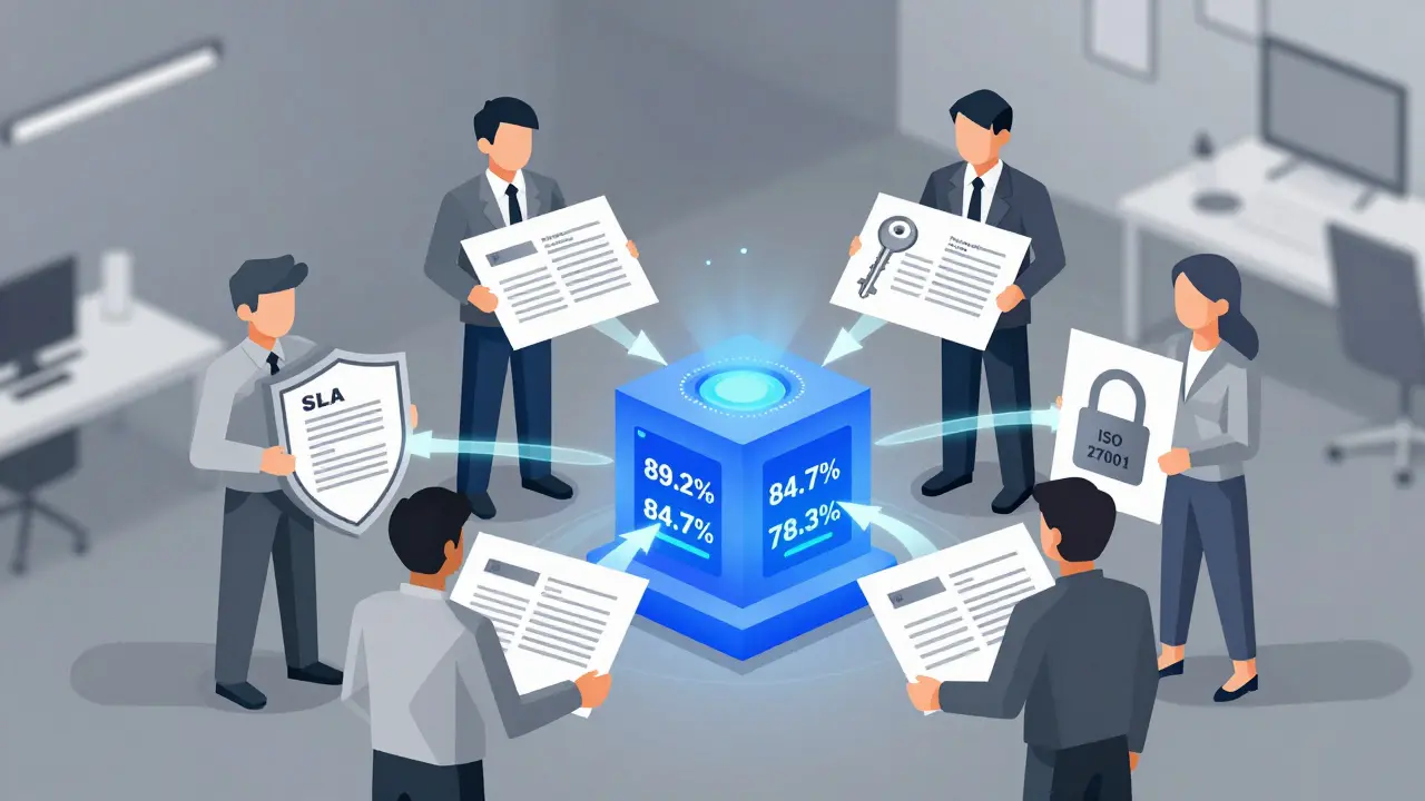 Cross-functional team building a secure AI contract system with key compliance and accuracy components.