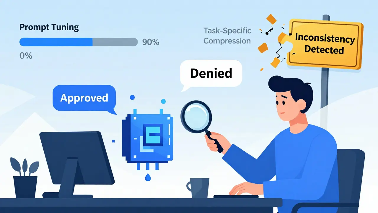 Developer examining a 4-bit LLM emitting conflicting answers, with prompt tuning progress bar rising behind.