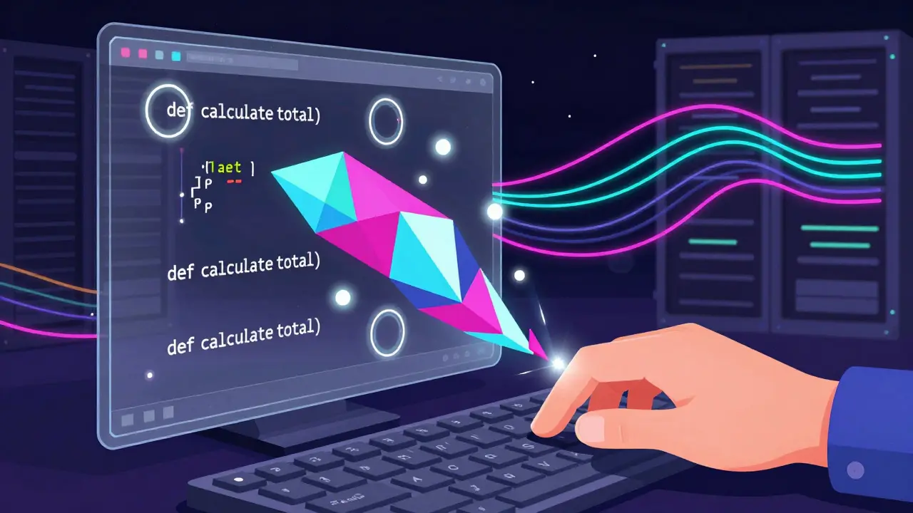 Developer typing code blocks as geometric polygons instead of single characters, with confidence thresholds glowing around them.