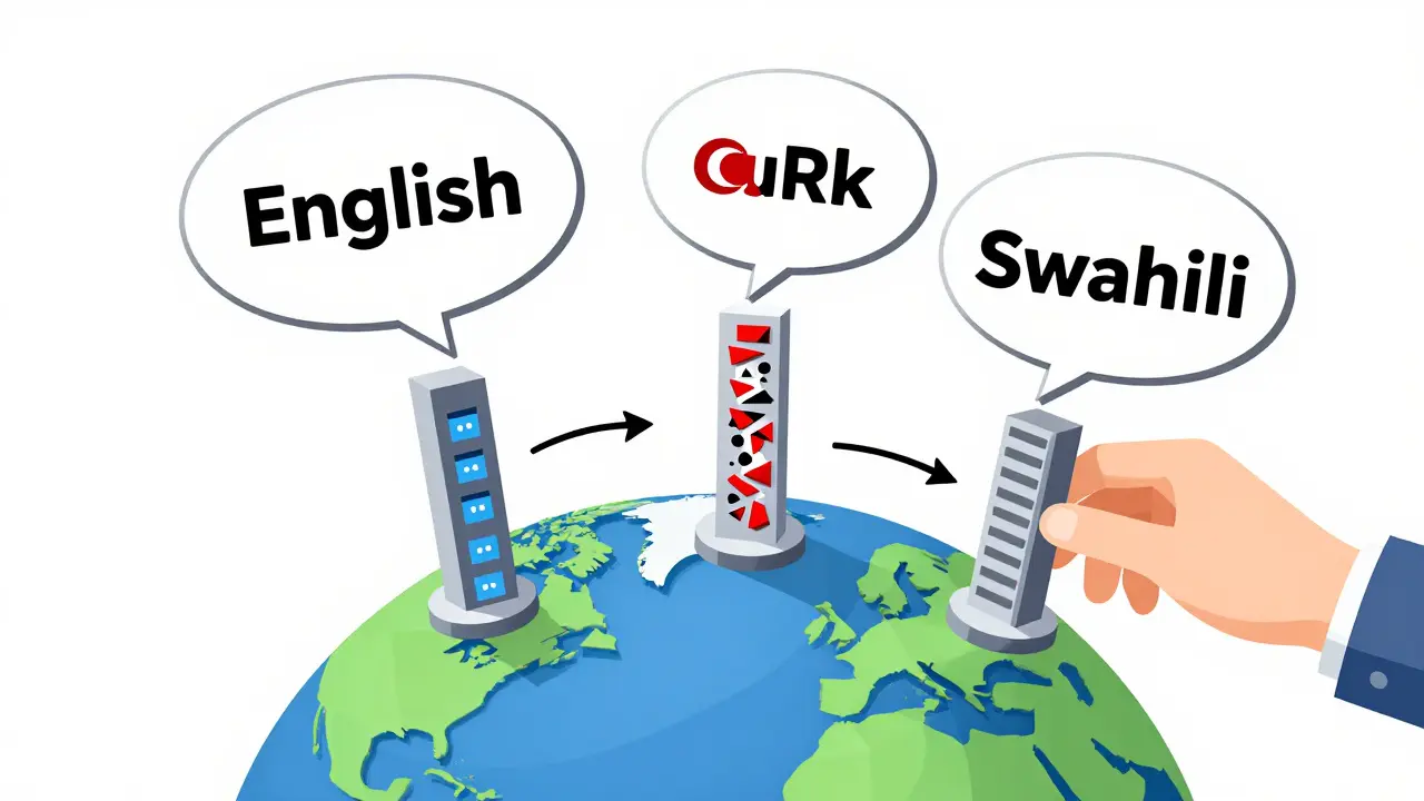 Globe with language bubbles feeding into tokenizer towers, showing uneven token fragmentation across languages.