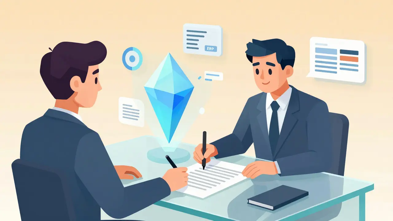 Human and AI co-pilot collaborating on a contract with floating data icons in geometric style.