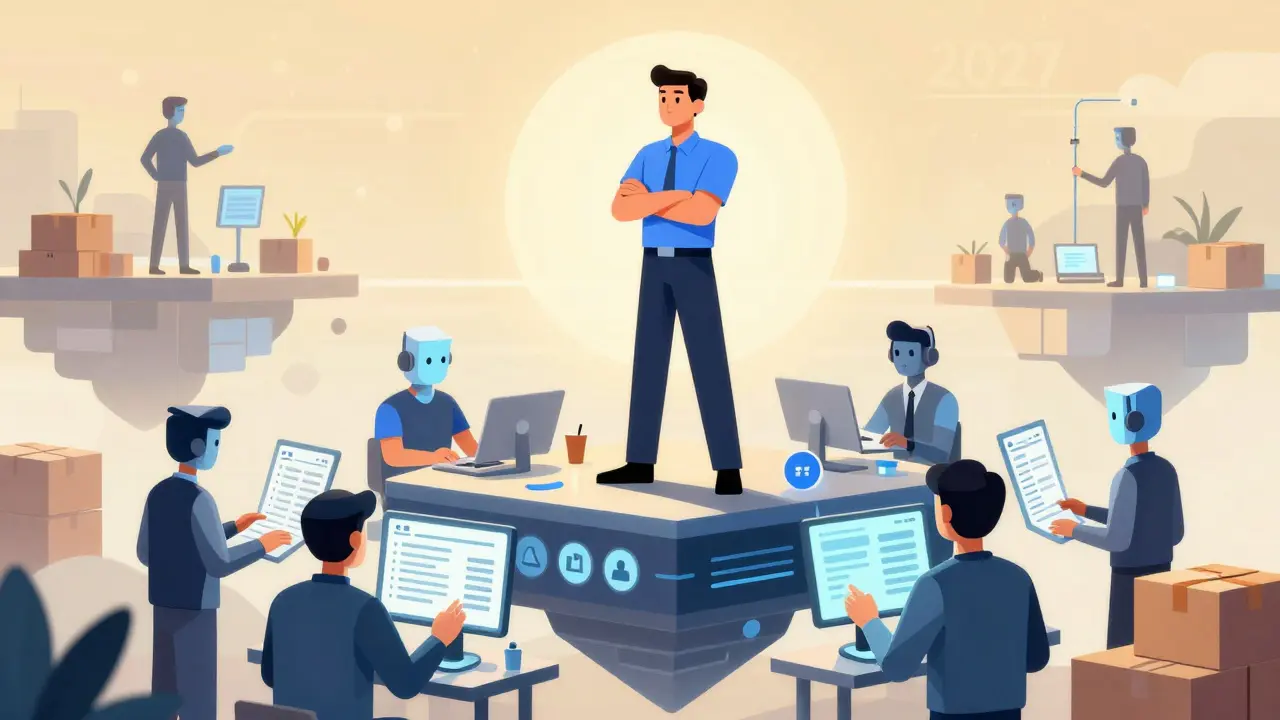 Human worker overseeing autonomous AI agents handling finance, IT, and supply chain tasks.