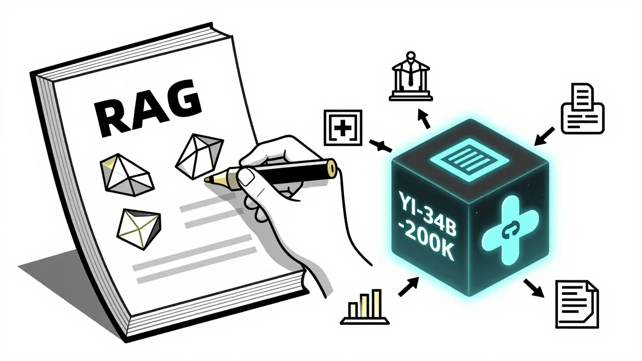 Hybrid workflow: highlighter extracts key segments from a document, feeding them into a model cube with industry icons.