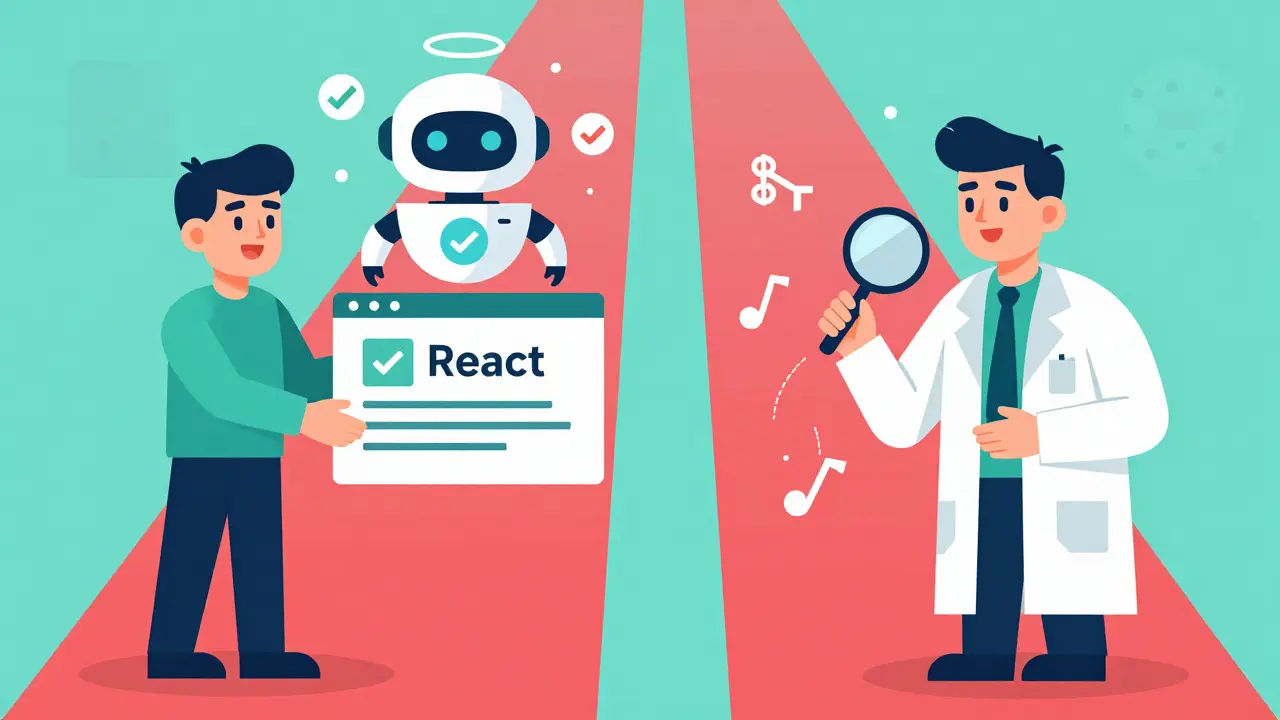 Junior developer accepting AI code vs senior developer reviewing it with magnifying glass, geometric illustration.