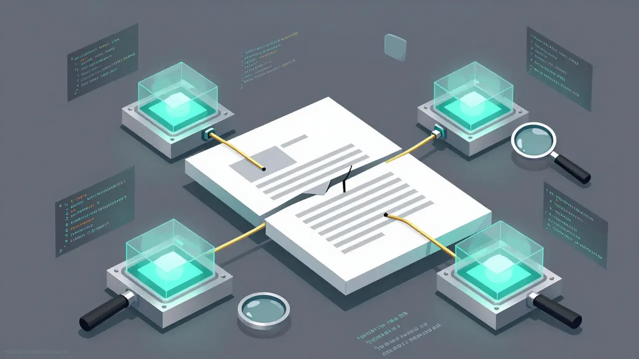 Legal document split into four geometric chunks being processed in parallel and stitched together.
