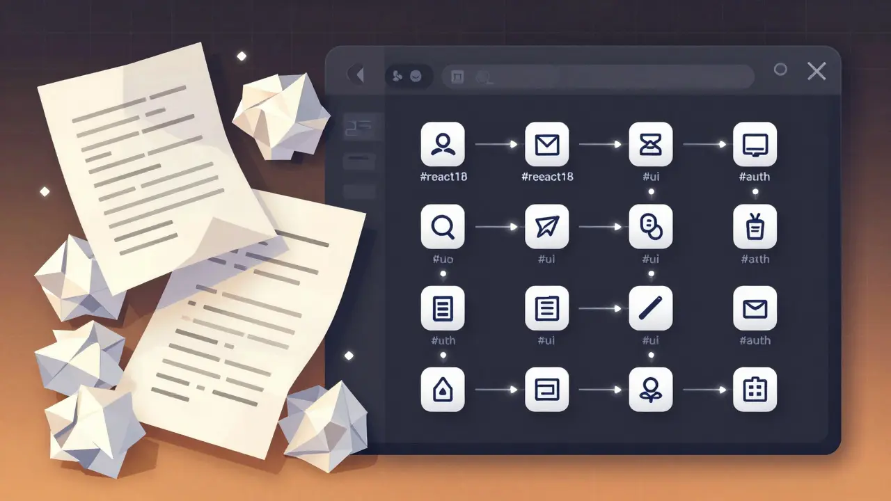 Messy handwritten prompts on left, organized digital snippet panel on right in geometric style.