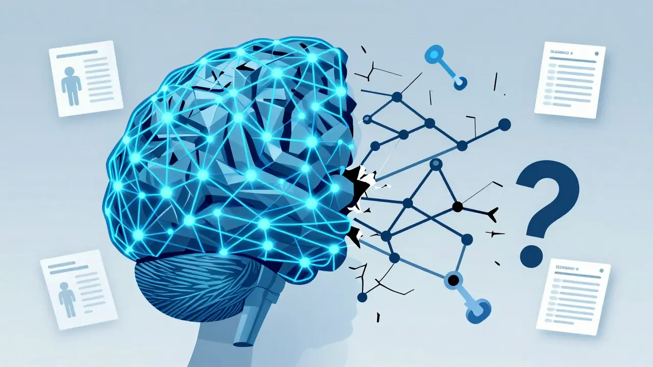 Split brain diagram showing connected reasoning paths in full precision versus broken links in a 4-bit model.