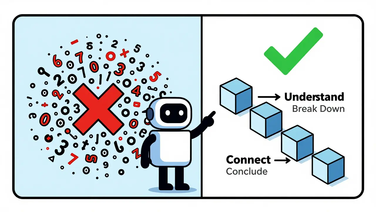Split-screen: chaotic symbols vs. ordered geometric steps leading to a checkmark.