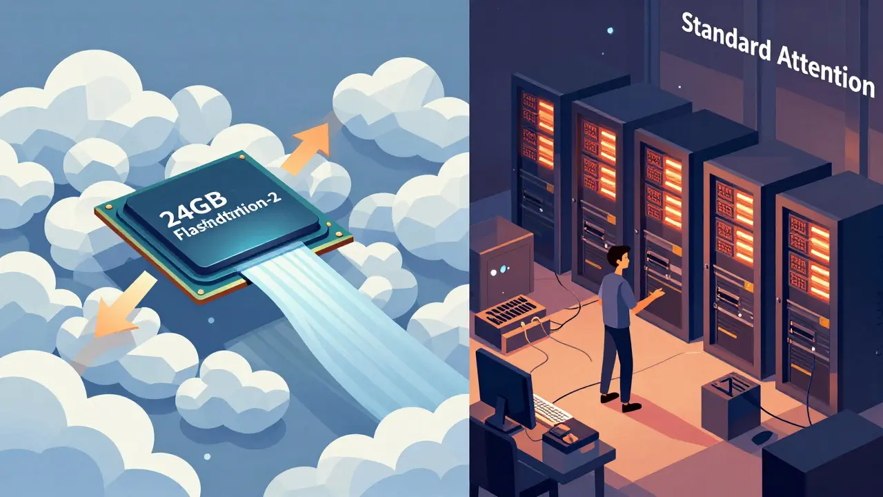 Split-screen geometric view: one side shows efficient FlashAttention-2 processing, the other shows overloaded servers.