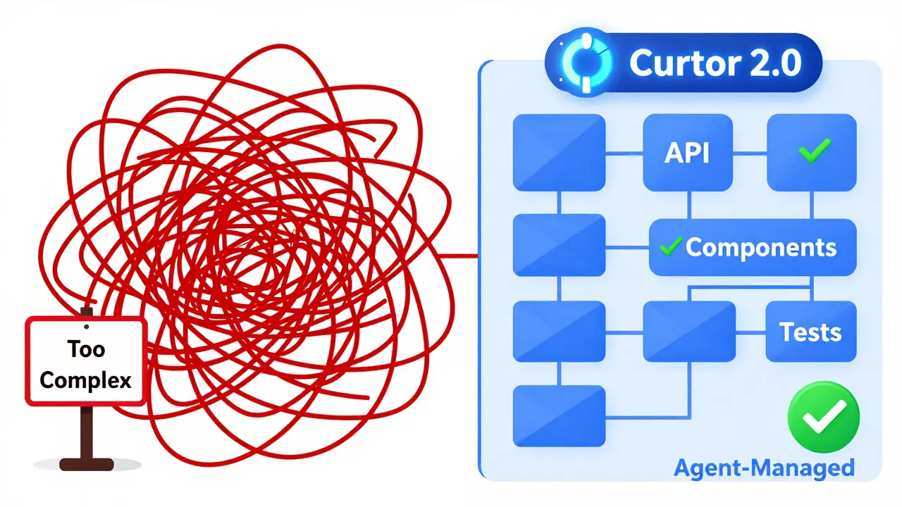 Split-screen showing chaotic vs. organized codebase under Cursor 2.0's management.