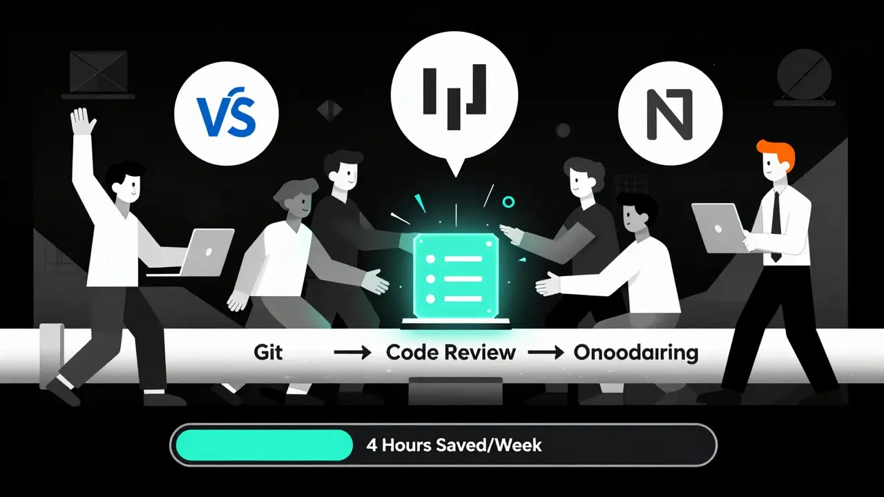 Team passing a glowing snippet through a pipeline with IDE icons and savings meter.