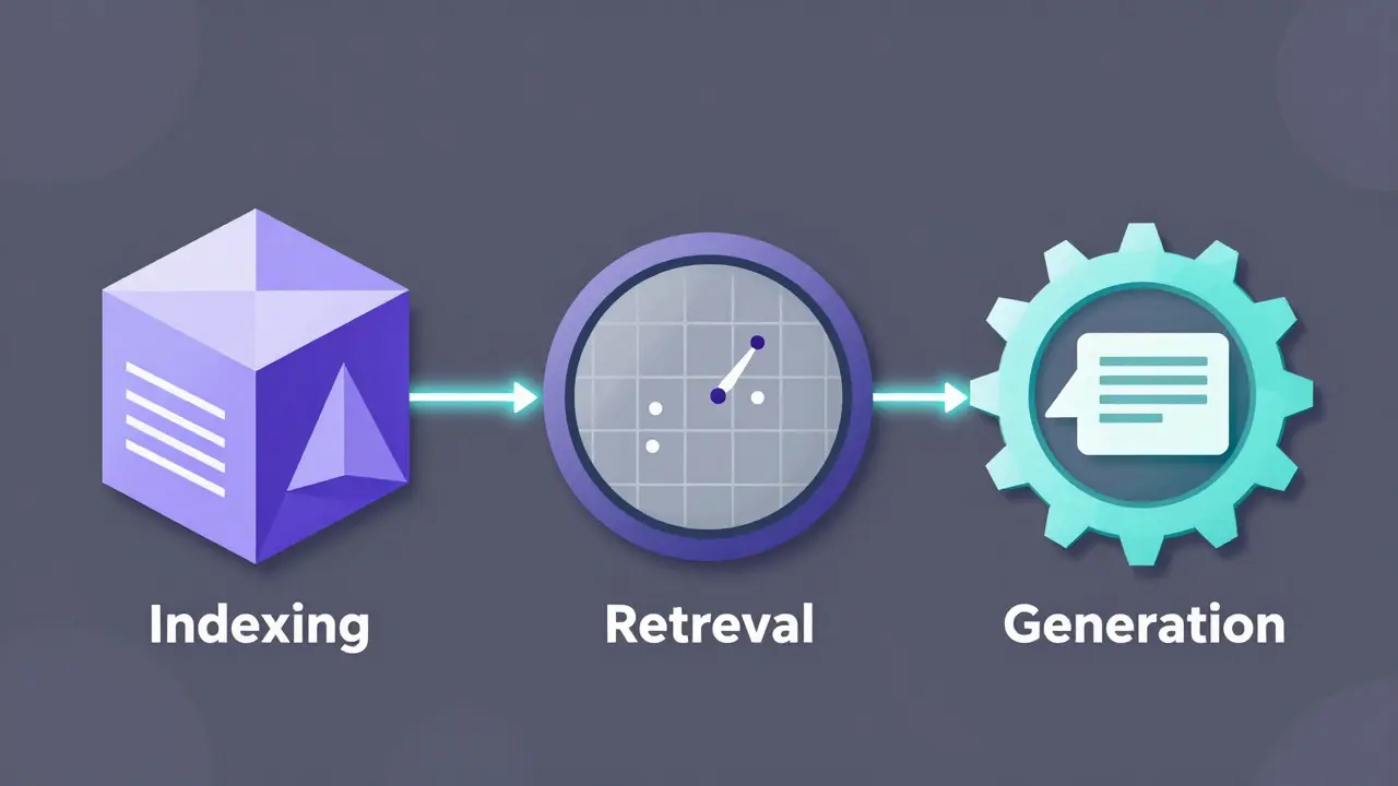 Three-step RAG process shown as interconnected geometric shapes