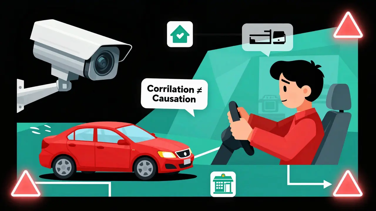 A car swerving and braking in geometric shapes, with error tags and icons for security and retail analysis.