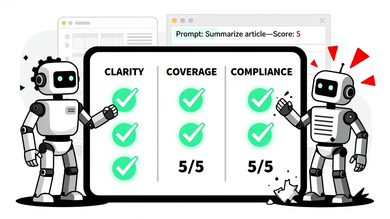 A checklist showing perfect clarity, coverage, and compliance scores with a well-behaved AI output beside a chaotic one.
