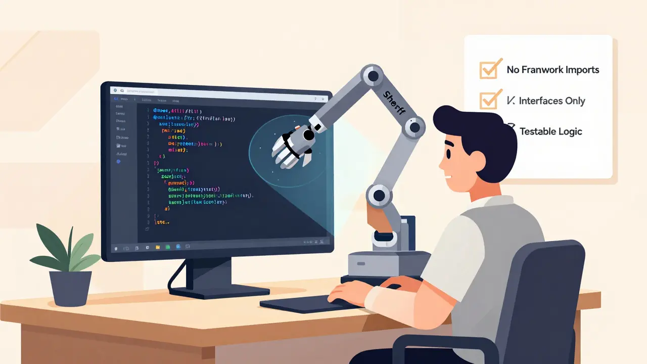 A developer aided by AI, but a mechanical enforcer blocks framework code from entering the core logic layer.