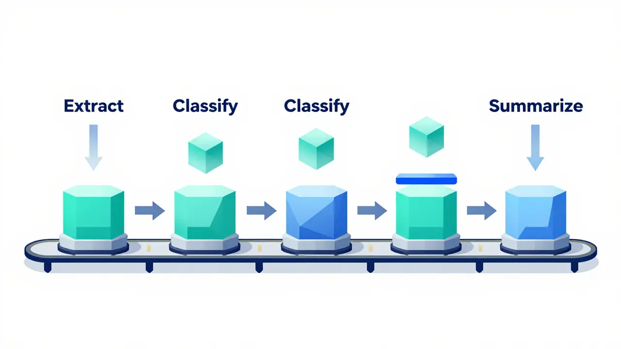 A geometric assembly line with labeled steps processing data cleanly and sequentially.