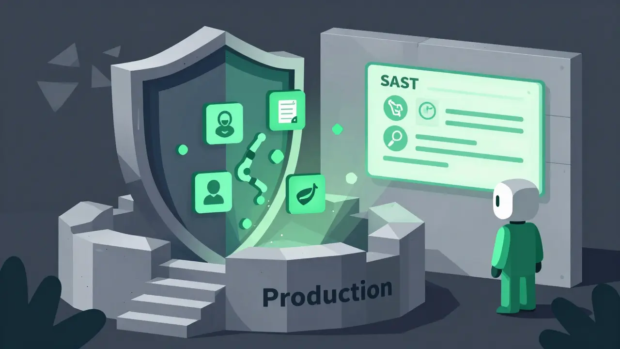 A shield of security tools blocking malicious AI code from entering a production system.