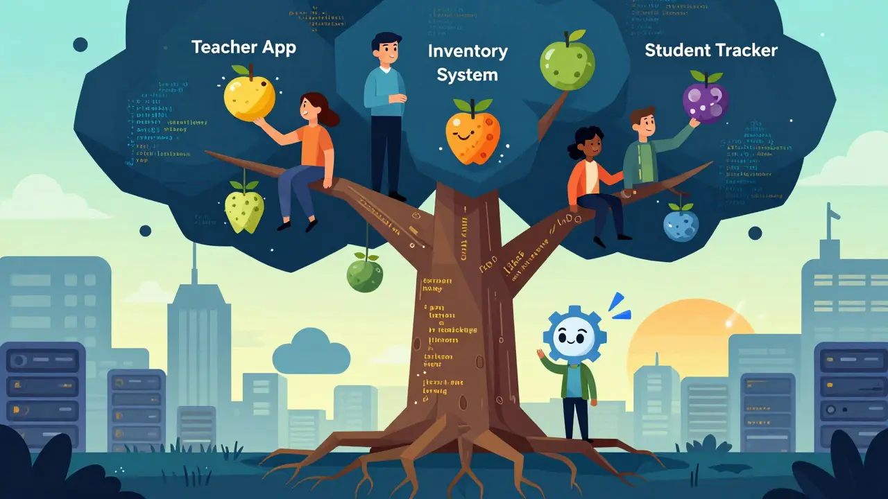 A tree with app-shaped fruit being harvested by non-technical people, powered by a friendly AI gear at its base.